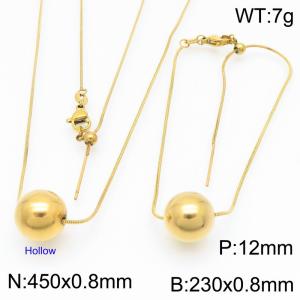 European and American fashion stainless steel snake bone chain string 12mm gold round beads women's jewelry charm gold 2-piece set - KS224478-Z