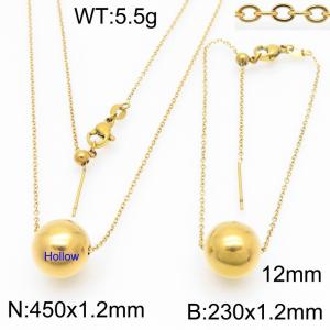 European and American fashion stainless steel O-chain string 12mm gold round beads women's jewelry charm gold 2-piece set - KS224482-Z