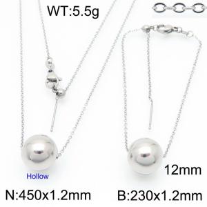 European and American fashion stainless steel O-chain string 12mm round beads women's jewelry charm silver 2-piece set - KS224483-Z