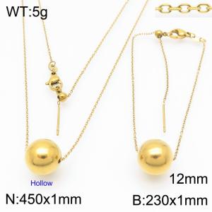 European and American fashion stainless steel O-chain string 12mm gold round beads women's jewelry charm gold 2-piece set - KS224484-Z