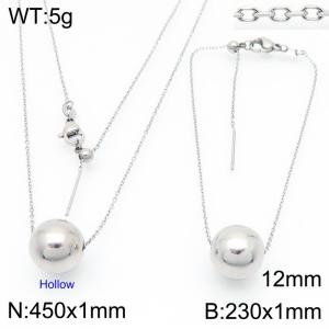 European and American fashion stainless steel O-chain string 12mm round beads women's jewelry charm silver 2-piece set - KS224485-Z