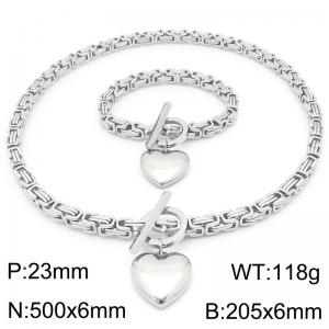 Stainless steel fashion creative emperor chain OT buckle three-dimensional heart-shaped pendant temperament silver two-piece set - KS224745-Z