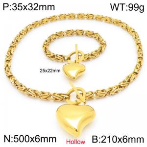 Stainless steel fashion creative emperor chain OT buckle special hollow heart pendant temperament gold two-piece set - KS224748-Z