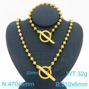 Stainless steel fashion creative round bead chain OT buckle temperament gold 2-piece set - KS224752-Z