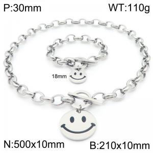 Stainless steel fashion creative O-chain OT buckle smiling face pendant temperament silver 2-piece set - KS224756-Z