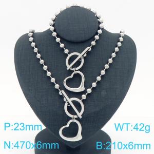 Stainless steel fashion creative round bead chain OT buckle hollow heart pendant temperament silver 2-piece set - KS224921-Z