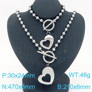 Stainless steel fashion creative round bead chain OT buckle irregular hollow heart-shaped pendant temperament silver 2-piece set - KS224925-Z