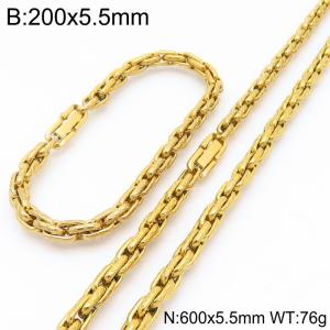 Fashion stainless steel 200 × 5.5mm&600 × 5.5mm creative embossed Fried Dough Twists chain Japanese button jewelry quality gold two-piece set - KS224959-Z