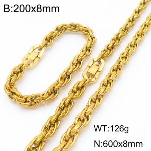 Fashion stainless steel 200 × 8mm&600 × 8mm creative embossed Fried Dough Twists chain Japanese button jewelry quality gold two-piece set - KS224968-Z