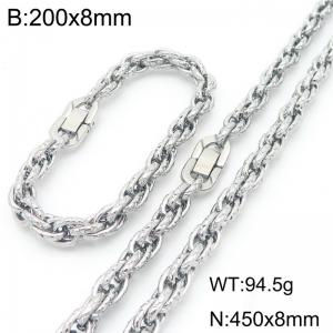Fashion stainless steel 200 × 8mm&450 × 8mm creative embossed Fried Dough Twists chain Japanese button jewelry quality silver two-piece set - KS224971-Z