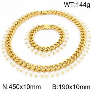 Fashionable and personalized stainless steel creative Cuban chain hanging full of imitation pearl tassel accessories charm gold 2-piece set - KS224988-Z