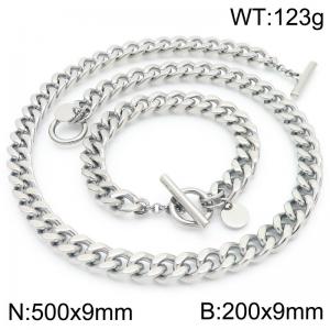 European and American fashion stainless steel creative Cuban chain OT buckle jewelry charm silver 2-piece set - KS224991-Z