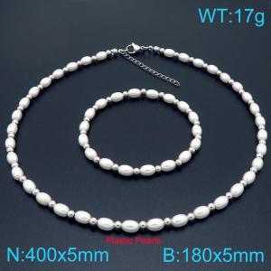 French fashion personalized stainless steel 180 × 5mm&400 × 5mm creative imitation pearl bead lobster buckle charm silver 2-piece set - KS224995-Z