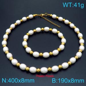French fashion personalized stainless steel 190 × 8mm&400 × 8mm creative imitation pearl bead lobster buckle charm gold 2-piece set - KS224996-Z