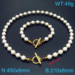 French fashion personalized stainless steel 210× 8mm&450 × 8mm creative imitation pearl bead OT buckle charm gold 2-piece set - KS224998-Z