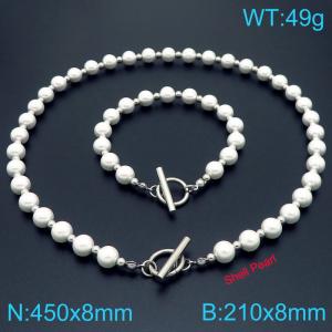 French fashion personalized stainless steel 210× 8mm&450 × 8mm creative imitation pearl bead OT buckle charm silver 2-piece set - KS224999-Z