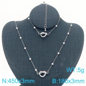 French style niche personality stainless steel creative imitation pearl splicing chain knot pendant charm silver 2-piece set - KS225017-Z