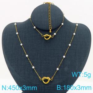 French style niche personality stainless steel creative imitation pearl splicing chain knot pendant charm gold 2-piece set - KS225018-Z