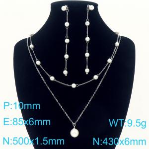 French style niche personality stainless steel creative double-layer imitation pearl chain pearl pendant temperament silver 2-piece set - KS225019-Z
