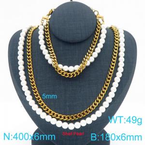 French fashion personality stainless steel creative double-layer imitation pearl chain mixed with Cuban chain women's jewelry charm gold 2-piece set - KS225023-Z