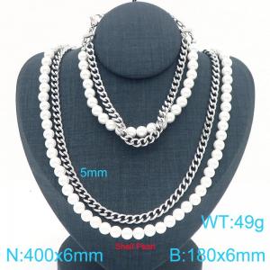 French fashion personality stainless steel creative double-layer imitation pearl chain mixed with Cuban chain women's jewelry charm silver 2-piece set - KS225024-Z