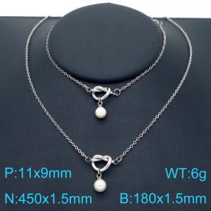Fashionable and personalized stainless steel creative O-chain imitation pearl knot pendant temperament silver 2-piece set - KS225029-Z