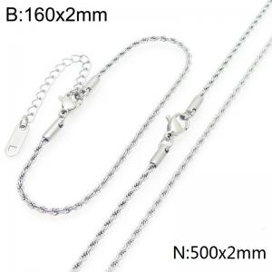 2mm Stainless Steel Rope Chain 16cm Bracelet&50cm Necklace Jewelry Set - KS225142-Z
