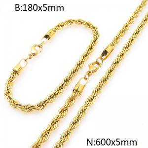 5mm Gold-Plated Stainless Steel Rope Chain 18cm Bracelet&60cm Necklace Jewelry Set - KS225205-Z