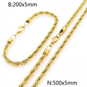 5mm Gold-Plated Stainless Steel Rope Chain 20cm Bracelet&50cm Necklace Jewelry Set - KS225207-Z
