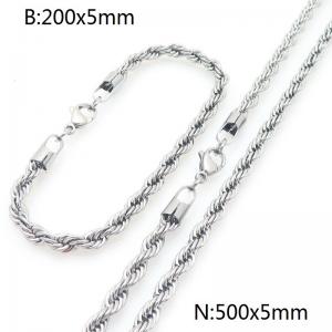 5mm Stainless Steel Rope Chain 20cm Bracelet&50cm Necklace Jewelry Set - KS225208-Z
