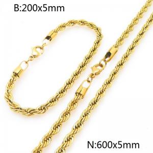 5mm Gold-Plated Stainless Steel Rope Chain 20cm Bracelet&60cm Necklace Jewelry Set - KS225211-Z