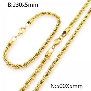 5mm Gold-Plated Stainless Steel Rope Chain 23cm Bracelet&50cm Necklace Jewelry Set - KS225213-Z