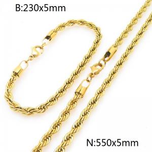 5mm Gold-Plated Stainless Steel Rope Chain 23cm Bracelet&55cm Necklace Jewelry Set - KS225215-Z