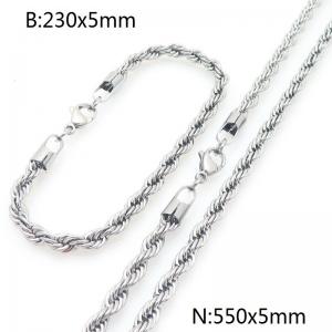 5mm Stainless Steel Rope Chain 23cm Bracelet&55cm Necklace Jewelry Set - KS225216-Z