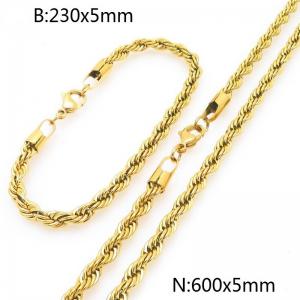 5mm Gold-Plated Stainless Steel Rope Chain 23cm Bracelet&60cm Necklace Jewelry Set - KS225217-Z