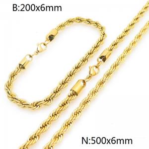 6mm Gold-Plated Stainless Steel Rope Chain 20cm Bracelet&50cm Necklace Jewelry Set - KS225225-Z