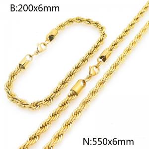 6mm Gold-Plated Stainless Steel Rope Chain 20cm Bracelet&55cm Necklace Jewelry Set - KS225227-Z