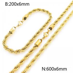 6mm Gold-Plated Stainless Steel Rope Chain 20cm Bracelet&60cm Necklace Jewelry Set - KS225229-Z
