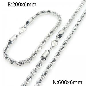 6mm Stainless Steel Rope Chain 20cm Bracelet&60cm Necklace Jewelry Set - KS225230-Z