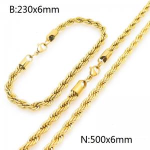 6mm Gold-Plated Stainless Steel Rope Chain 23cm Bracelet&50cm Necklace Jewelry Set - KS225231-Z