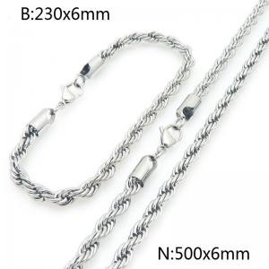 6mm Stainless Steel Rope Chain 23cm Bracelet&50cm Necklace Jewelry Set - KS225232-Z