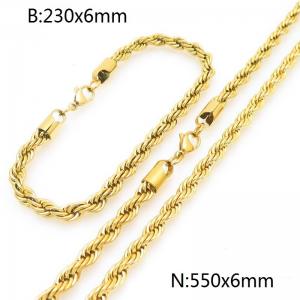 6mm Gold-Plated Stainless Steel Rope Chain 23cm Bracelet&55cm Necklace Jewelry Set - KS225233-Z