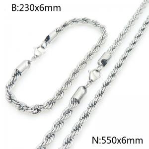6mm Stainless Steel Rope Chain 23cm Bracelet&55cm Necklace Jewelry Set - KS225234-Z