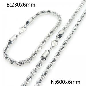 6mm Stainless Steel Rope Chain 23cm Bracelet&60cm Necklace Jewelry Set - KS225236-Z