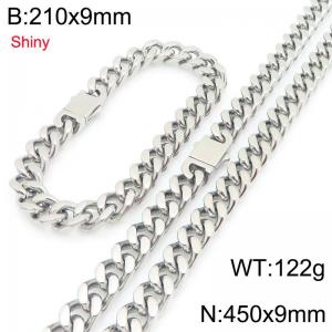 European and American hip-hop smooth stainless steel spring buckle Cuban chain trendy men's bracelet bracelet two-piece set - KS225285-Z