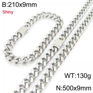 European and American hip-hop smooth stainless steel spring buckle Cuban chain trendy men's bracelet bracelet two-piece set - KS225286-Z