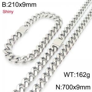 European and American hip-hop smooth stainless steel spring buckle Cuban chain trendy men's bracelet bracelet two-piece set - KS225290-Z