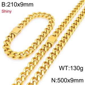 European and American hip-hop smooth stainless steel spring buckle Cuban chain trendy men's gold-plated bracelet bracelet two-piece set - KS225293-Z