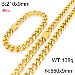 European and American hip-hop smooth stainless steel spring buckle Cuban chain trendy men's gold-plated bracelet bracelet two-piece set - KS225294-Z