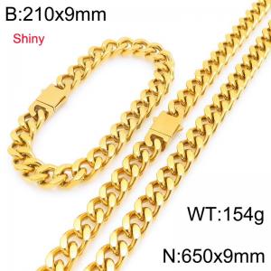 European and American hip-hop smooth stainless steel spring buckle Cuban chain trendy men's gold-plated bracelet bracelet two-piece set - KS225296-Z